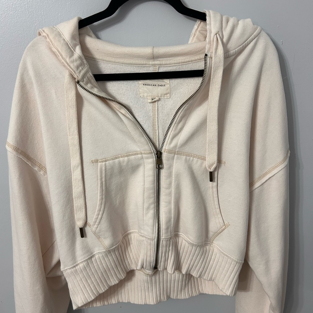 American Eagle Outfitters, Size Small, Cropped Off-White Zip-Up Jacket